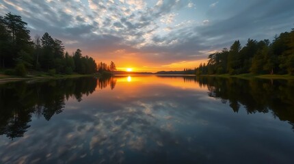 serene lake sunset reflection with dramatic sky colors and tranquil scenery