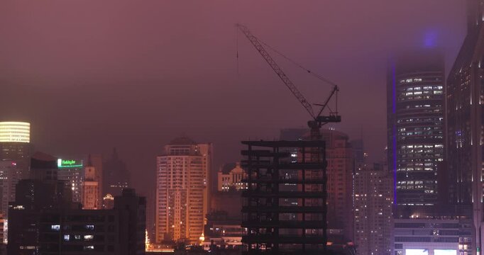 Shanghai, China. Time-lapse Development Residential Building. Shanghai Waitan Residential District. Urban Skyline In Evening Time. Time Lapse Night Illumination. Business District. City Business