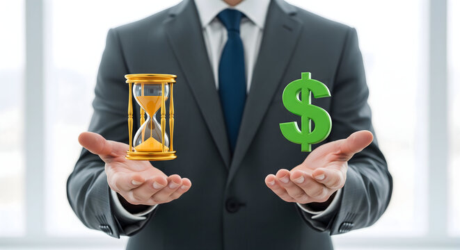 Maximize your earnings and time with strategic investment planning, a businessman balances time and money to achieve financial success, planning for future growth