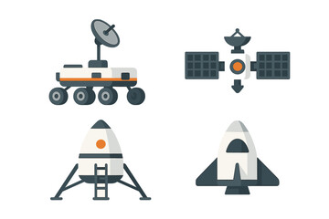 Various space exploration vehicles including a rover, satellite, and rocket launchers in a modern design style © Andrei