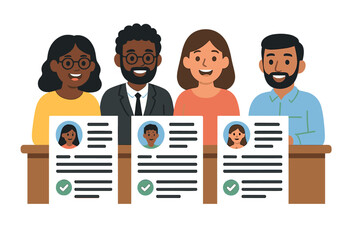 Group of four diverse people reviewing job applications during a hiring meeting in a modern office setting