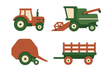 Farm equipment illustrations featuring a tractor, combine harvester, trailer, and baler in a simple and colorful design
