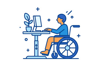 Person in wheelchair using a computer at an adjustable desk with plants in a modern workspace