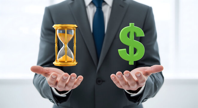 Businessman balancing time and money offering financial decisions and investment choices with a green dollar sign and golden hourglass in hands, time is money concept