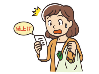 値上げのレシートを見て物価高に驚く主婦のイラスト