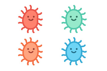 Colorful cartoon bacteria with happy faces in a cheerful design suitable for children's education about microbes