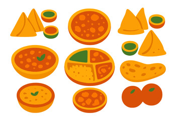 Variety of colorful Indian snacks and desserts arranged neatly on a white background