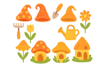 Colorful garden scene featuring whimsical hats, flowers, and gardening tools in a playful style