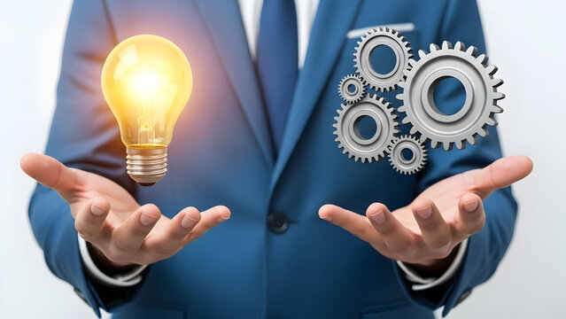 Innovative businessman presenting new ideas with glowing lightbulb and gears in cupped hands showcasing creative solutions and strategic thinking in modern business