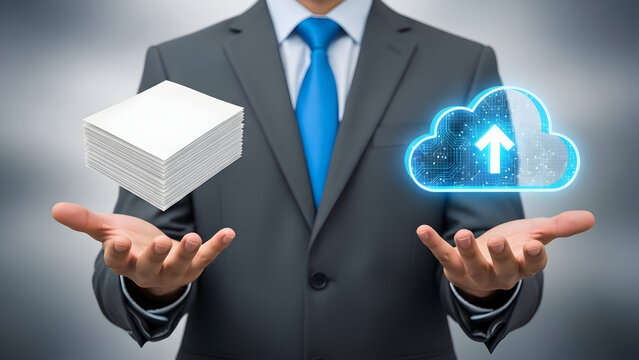 Streamline workflow with cloud computing and digital solutions presented by a professional man, perfect for modern business and technology integration concepts