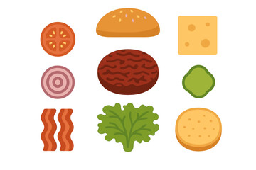 Various ingredients for assembling a delicious burger with fresh veggies and toppings ready for a meal prep session