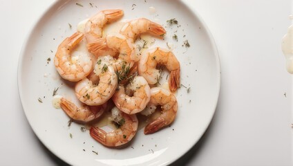 Delicious Cooked Shrimp with Herbs on a White Plate.