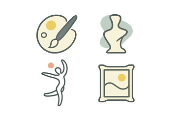 Artists tools and creations including a palette, sculpture, dancing figure, and a framed picture