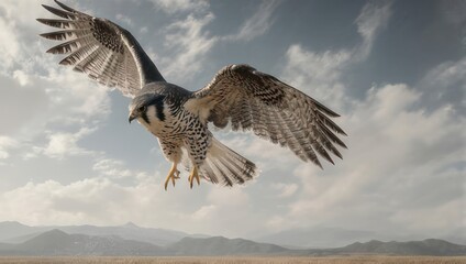 Majestic Hawk Soaring Through a Cloudy Sky Over a Desert Landscape.
