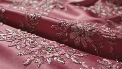 Close Up Pink Silk With Floral Embroidery Waving Gently
