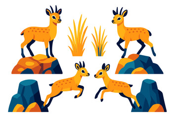 Colorful illustration of cute deer jumping and grazing among rocks and grass in a playful nature scene