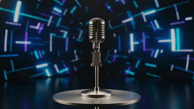 Professional retro microphone standing on a stage with a futuristic neon light background, creating a perfect atmosphere for a concert, karaoke night, or a dazzling music celebration