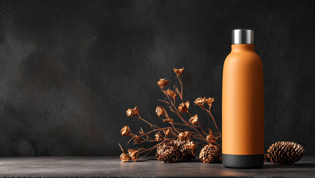 A solid orange-colored, matte stainless steel water bottle with a black bottom and silver cap is placed on the table