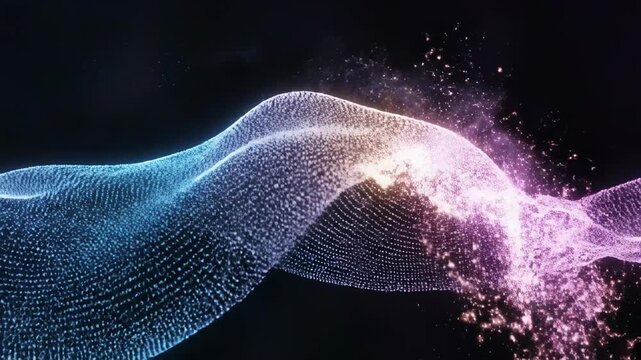 Seamless loop of digital particles coalescing into a smooth energetic wave structure and rapidly dissipating back into scattered points science, energetic wave, scientific visualization