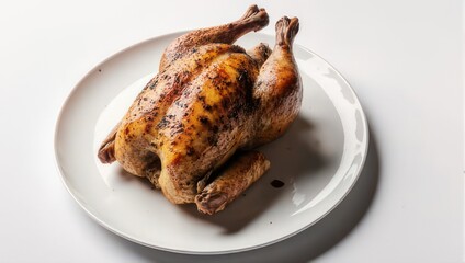 Whole Roasted Chicken on a White Plate Ready to Serve.