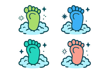 Colorful cartoon footprints leaving impressions on clouds in a whimsical style