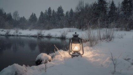 Vintage Lantern Illuminates Snowy Riverbank in Winter Forest Landscape.