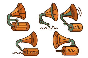 Unique vintage gramophones in various positions showcasing sound waves and musical elements