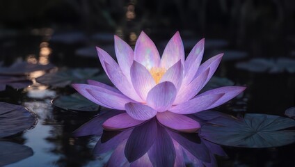 Serene Purple Lotus Flower Blooming in Dark Water with Reflections.