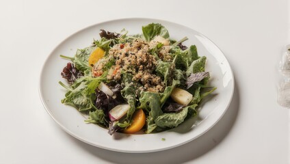 Fresh and healthy salad with various ingredients on a white plate.