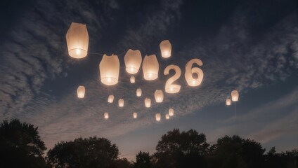 Sky Lanterns With Number 26 Floating In The Night Sky Above Trees.