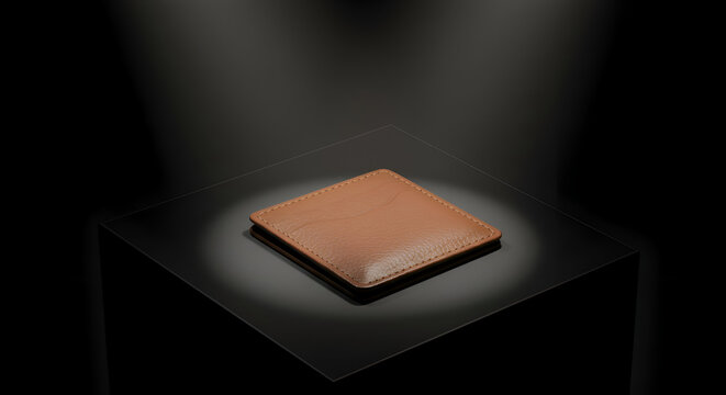 A tan leather wallet rests on a black display pedestal against a dark background. A spotlight highlights the wallet in a modern, minimalist display showcasing its quality and texture.