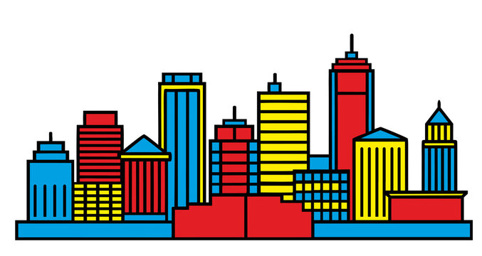 City skyline with buildings in a minimalist pop art flat design. Vibrant red, blue, and yellow architecture creating an urban landscape illustration