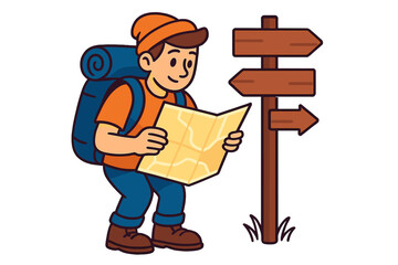 Hiker looking at map near directional sign on a sunny day in a forested area