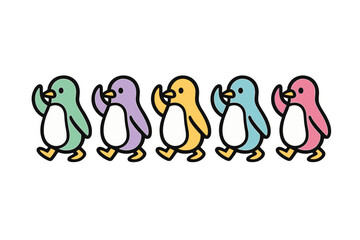 Colorful cartoon penguins walking in a line with playful expressions on a white background