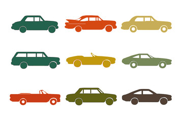 Fototapeta premium Various stylized car silhouettes in different colors showcasing a range of models and designs