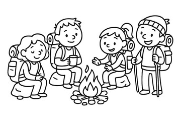 Group of friends enjoying a campfire while sharing stories and drinks in a natural setting during a hiking trip