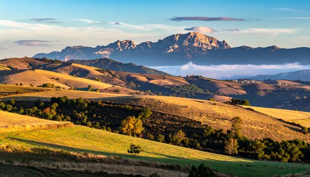 Rolling sunlit hills gently rise towards a towering, rugged mountain range, enveloped in morning mist and blue sky - Powered by Adobe