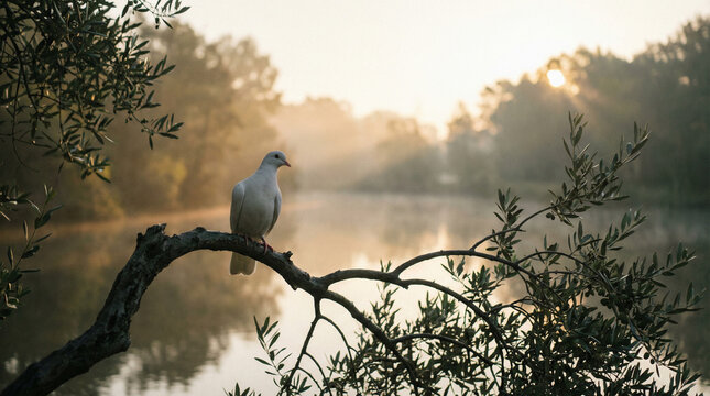 infamy. White dove perched on olive branch against calm lake at dawn. wildlife magazines, conservation campaigns, designed for wildlife conservation campaigns, used by retail merchandisers.