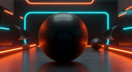 Dark gray exercise ball in a futuristic gym setting. A single ball rests on a dark floor with orange and teal neon lighting.