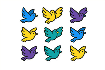 Colorful cartoon birds arranged in a grid showcasing blue, yellow, and purple shades, ideal for creative projects