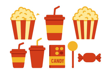Variety of colorful movie snacks including popcorn, drinks, candy, and lollipops displayed on a white background