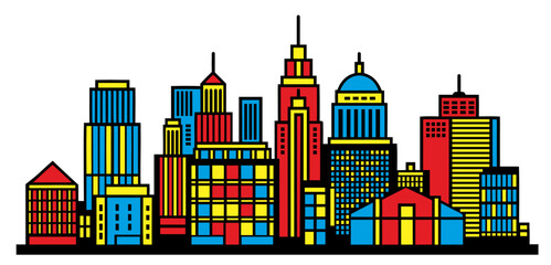 Colorful city line art drawing modern skyline