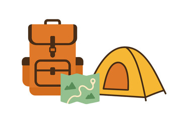 Setting up a campsite with gear, map, and tent in a beautiful natural landscape