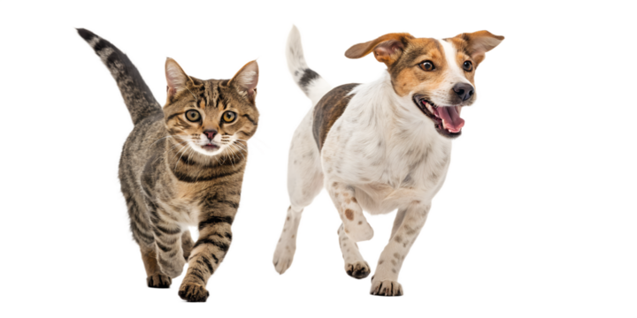 A tabby cat and a spotted dog running together on a white background while looking directly at the camera. Both animals appear energetic, playful, and excited, capturing a dynamic moment of interspeci