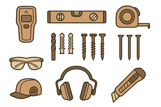 Tool set for home improvement with various hand tools and safety gear on a simple background