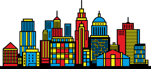 Colorful city line art drawing modern skyline