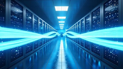 A brightly lit server room with glowing blue data streams extending down a corridor - Powered by Adobe