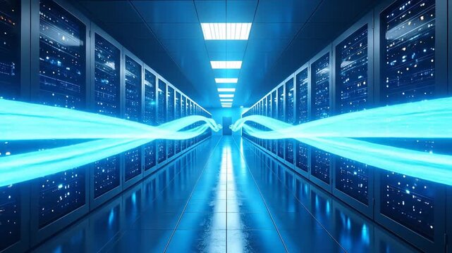 A brightly lit server room with glowing blue data streams extending down a corridor