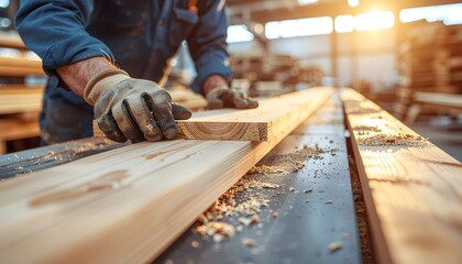 Close-up of a carpenter in blue workwear measuring a long wooden board with precision, highlighted by warm workshop sunlight and sawdust flying