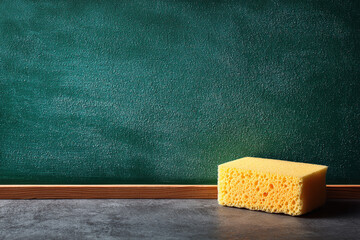 A yellow sponge rests on a textured gray surface in front of a green chalkboard with a wooden frame